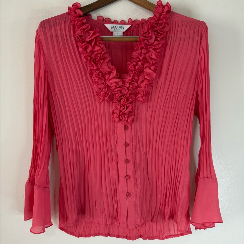 Allison Taylor Ruffled Coral Pink button up  Blouse in size large
